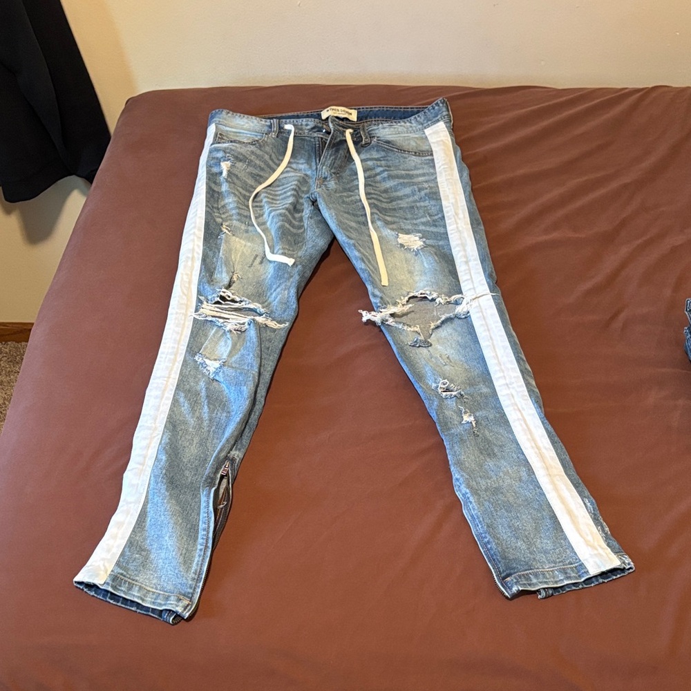 Men's Distressed Blue Jeans with White Accents